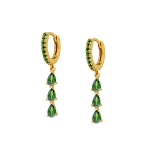 Detail of gold-plated hoop earrings with three teardrop-shaped green zircon pendants