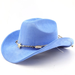 Macro shot of ethnic bead band and star pendant on a blue faux suede cowboy hat