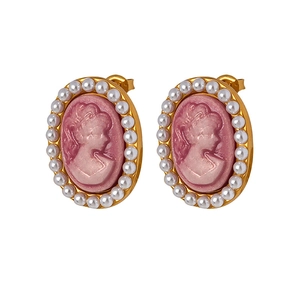 French vintage cameo earrings with imitation pearl trim and elegant gold finish