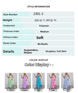 Detailed size chart and multi-color swatches for striped strap maxi vacation dress
