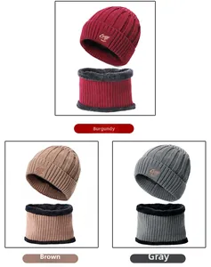 Detail of knitted winter beanie and neck warmer set with warm plush fleece lining