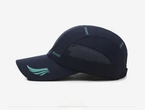 Detail view of quick-dry baseball cap with breathable mesh and side logo print
