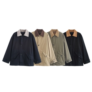 Women Vintage Workwear Jacket Contrast Corduroy Collar Patch Pockets Button Down Casual American Retro Long Sleeve