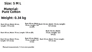 Detailed size chart for French sweet waisted cotton dress showing S M L dimensions