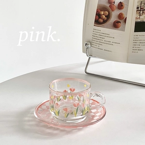 Korean Ins Style Glass Coffee Cup And Saucer Heat Resistant Floral Print Tulip Lily Of The Valley Elegant Glassware
