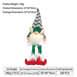 Glow Christmas gnome doll with LED light, green striped hat and festive bell decoration