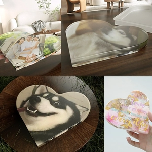 Custom heart-shaped acrylic photo plaque with memorial engraving and family pictures