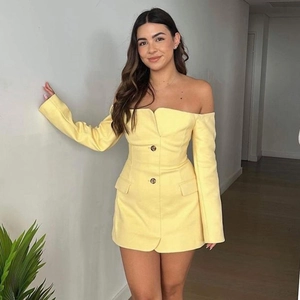Robe Mini Blazer Épaules Dénudées Femmes Polaire Double Face Manches Longues Dos Nu Coupe Slim Bouton Sexy