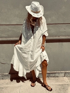 Summer white eyelet embroidery maxi shirt dress with buttons and bohemian style details