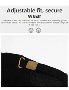 Detail view of adjustable metal buckle and thick fabric on winter outdoor flat cap