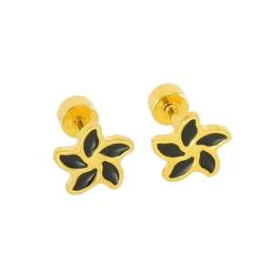 Detailed view of petal earrings with black enamel and secure gold screw-back design