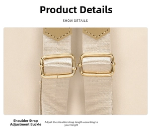 Detail of adjustable woven shoulder strap with gold metal buckle on soft leather backpack