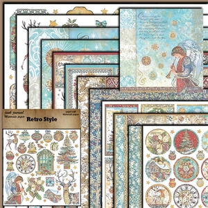 Close-up of vintage Christmas junk journal paper featuring retro angels and reindeer motifs
