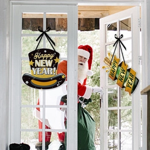 2-piece set of black and gold New Year door hangers with top hat and champagne bottle