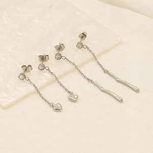 Silver stainless steel tassel earrings set featuring heart and branch shaped cubic zirconia