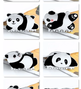 Detailed view of six cute panda hair claw clips in different poses and glossy finishes
