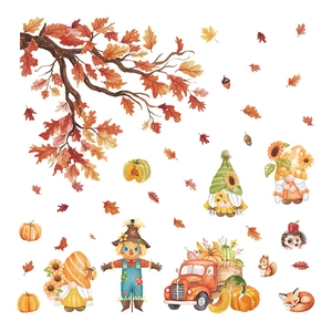 Stickers de fenêtre d'automne avec épouvantail, citrouilles, gnomes et feuilles d'érable