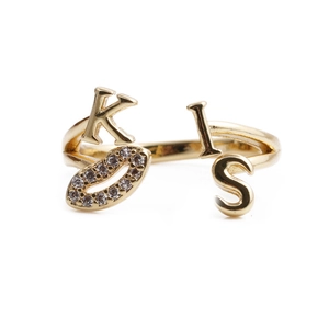 Minimalist gold open ring featuring KIS letters and sparkling white zircon stones