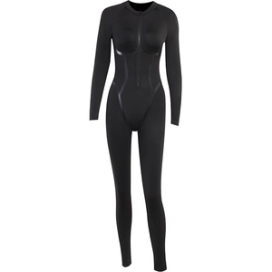Fashionable black long sleeve athletic bodysuit with front zipper and sculpting fit design