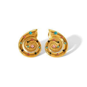 Detail of gold snail shell earrings with pink blue and green rhinestones