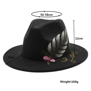 Detail view of black wool fedora with feather embroidery and Lady script logo