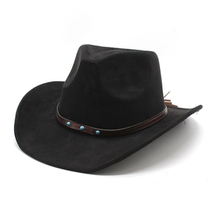 Black suede western cowboy hat with ethnic beads and leather tassels on white background