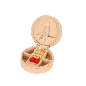Round pink PU leather travel jewelry case with necklace hooks and ring compartments