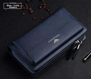 Detail of dark blue Saffiano leather wallet with metal zipper and premium texture