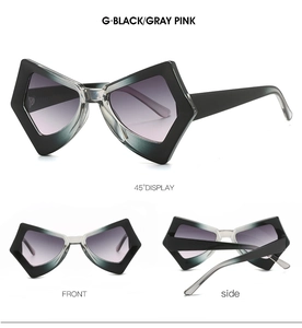 Three-way view of butterfly geometric sunglasses with black frames and gray pink lenses