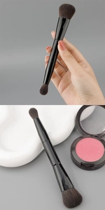 Detail view of dual-ended makeup brush with soft brown bristles and sleek black handle