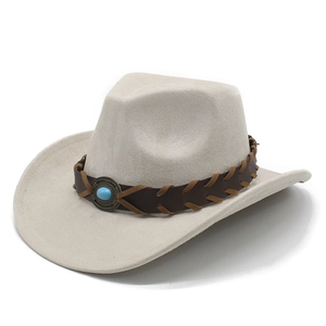 Close-up of beige suede jazz hat with brown leather band and turquoise stone detail