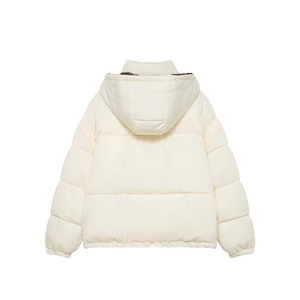 Short hooded puffer jacket in off-white, winter coat back view on white background