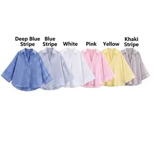 Chemise rayée ample à col en V pour femme en plusieurs couleurs dont bleu et blanc