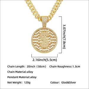 Hip hop iced out dollar sign pendant Cuban link chain with detailed size specifications