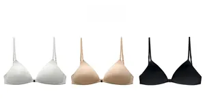 Detailed view of wireless triangle bras in white, beige, and black with front closure