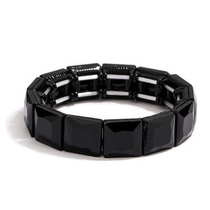 Fashionable black faceted crystal glass stretch bracelet with shiny alloy finish