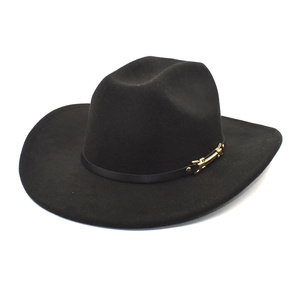 Classic black wool felt fedora hat with a leather band and gold buckle on a white background