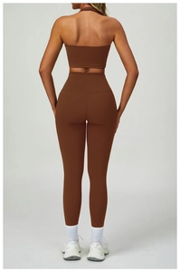 Rear view of high-waist chocolate brown yoga set showing sculpting fit and matte fabric