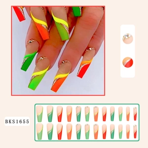 Detail view of 24pcs long coffin press-on nails with neon geometric glitter and rhinestones