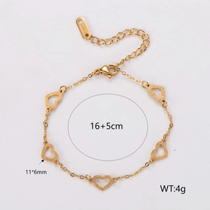 Gold stainless steel heart charm bracelet with five sand-textured heart pendants