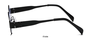 Side view of black geometric sunglasses frame with detailed embossed logo on temples