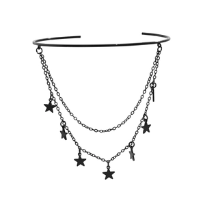 Detail of gothic black metal neck choker featuring double-layer chains with star pendants