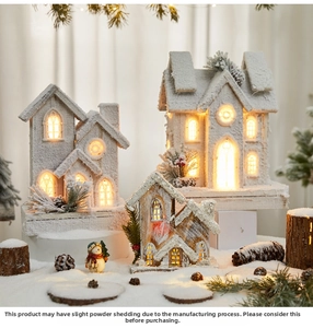 Detailed view of snowy wooden Christmas houses with warm LED lighting and miniature snowmen