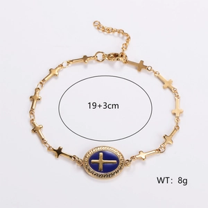 Religious themed golden stainless steel bracelet with blue enamel inlays and adjustable chain