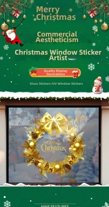 Golden Christmas wreath static window decal with UV printing on shop glass front