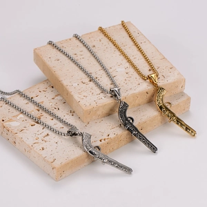 Vintage stainless steel pistol pendant necklaces in silver, gold, and dark gray tones