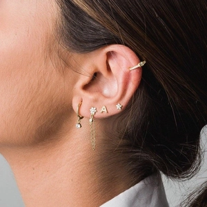 S925 silver needle chain tassel earrings with floral zircon and letter A ear cuff set
