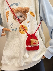 Handmade crochet Christmas reindeer crossbody bag in red yarn with cute 3D elk design