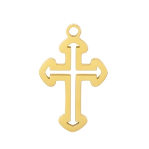 Detailed close-up of a hollow golden stainless steel cross pendant with a metal ring