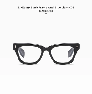 Close-up of bright black cat-eye frame glasses with clear anti-blue light lenses